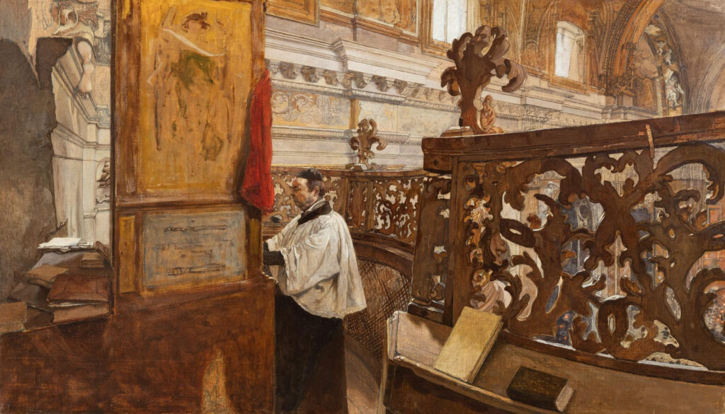 Luigi Serra, Organista di Santa Maria della Vittoria a Roma, 1879, olio su tela, 51,5 x 89 cm. Collezione privata (courtesy Galleria Artifigurative Crespellano)
